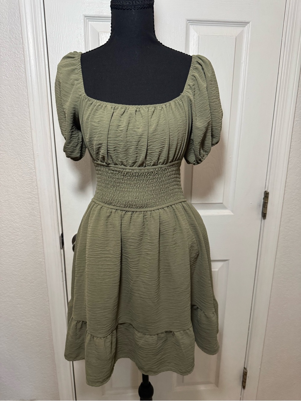 Olive Green Puff-Sleeve Smocked Waist Dress